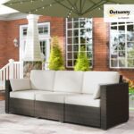 Outsunny Patio Couch PE Wicker Deep Seating Outdoor Sofa with Removable Cushions, 3 Seater Rattan Sofa, Outdoor Furniture for Balcony, Deck, Garden and Poolside, Cream White - Image 3
