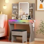 Vanity Desk with LED Lights Mirror & Power Outlet, Small Makeup Vanity Table Set with Storage Drawers & Chair, 3 Lighting Modes & Adjustable Brightness, Dressing Table for Women Girls Bedroom, Grey - Image 2