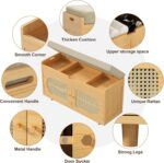 Rattan Shoe Storage Bench, 35.4" Bamboo Entryway Bench, 2-Tier Shoe Rack with 2 Doors & Padded Seat Cushion for Entryway, Living Room, Bedroom - Image 6