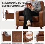 HNY Set of 2 Mid Century Modern Armchair, Button Tufted Faux Leather Accent Chair with Arm, Upholstered Club Chair for Living Room, Bedroom, Rubber Wood Legs, Caramel, 29.1D x 32.3W x 33.1H Inch - Image 7