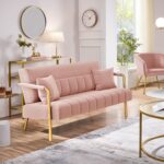 Yaheetech 56.5" W Modern Sofa Small Sofa Luxurious Velvet Fabric Couch with Gold-Tone Metal Arms and Legs for Living Room, Home Office, Studio Pink - Image 5