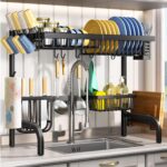 SAYZH Over The Sink Dish Drying Rack, Adjustable (25.5 to 33.5 inch) 2 Tier Metal Steel Dish Drying Racks for Kitchen Counter with Hooks Paper Towel Utensil Cup Holder Sink Caddy (Black) - Image 2