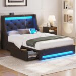 Rolanstar Twin Bed Frame with LED Lights and Charging Station, Upholstered Bed with Drawers, Wooden Slats, Noise Free, Easy Assembly, Dark Gray - Image 2