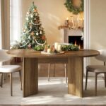 LITTLE TREE 63" Rustic Oval Dining Table for 2-4, Sturdy MDF Farmhouse Kitchen Table with Metal Strip Base, for Living Room, Office, Restaurant, Multi-Use, Umber - Image 4