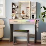 Vanity Desk with LED Lights Mirror & Power Outlet, Small Makeup Vanity Table Set with Storage Drawers & Chair, 3 Lighting Modes & Adjustable Brightness, Dressing Table for Women Girls Bedroom, Grey - Image 9