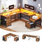 SEDETA L Shaped Desk with 6 Drawer, 108" Home Office Desk with File Drawer & Power Outlet, Corner Computer Desk with Monitor Shelf, Two Person Desk, Gaming Desk with Led Lights, Rustic Brown - Image 2