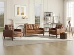 HNY Set of 2 Mid Century Modern Armchair, Button Tufted Faux Leather Accent Chair with Arm, Upholstered Club Chair for Living Room, Bedroom, Rubber Wood Legs, Caramel, 29.1D x 32.3W x 33.1H Inch - Image 9