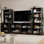 TUSY 71" TV Stand Storage Set - 2 Tall Bookcases & 2 Side Cabinets, Media Console with Glass & Wood Doors, Entertainment Center with Drawers, Tall Media Console for Living Room (Black, ADDA) - Image 4
