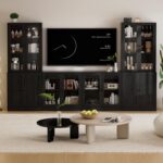 TUSY 71" TV Stand Storage Set - 2 Tall Bookcases & 2 Side Cabinets, Media Console with Glass & Wood Doors, Entertainment Center with Drawers, Tall Media Console for Living Room (Black, ADDA) - Image 5