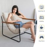 MAXYOYO Accent Chair, Velvet Arm Chair Living Room Chair with Metal Frame, Reading Accent Chair, Modern Bedroom Chair, Boucle Armchair with Wooden Arms, Beige - Image 8