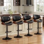Bar Stools Set of 3, Bentwood Adjustable Height Swivel Bar Stools, PU Leather Upholstered Bar Chair with Back and Footrest for Bar, Kitchen, Dining Room, Black - Image 4