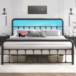 Fluest 14 Inch Queen Bed Frame Classic Metal Platform Bed Frame with Charging Station & LED, Victorian Style Iron-Art Headboard/Footboard, Under Bed Storage, No Box Spring Needed, Noise Free - Image 2