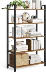 VASAGLE 5-Tier Bookshelf, Bookcase with Steel Frame, Book Shelf for Living Room, Home Office, Study, 11.8 x 31.5 x 60.2 Inches, Industrial Style, Rustic Brown and Ink Black ULLS081B01 - Image 2
