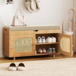 Rattan Shoe Storage Bench, 35.4" Bamboo Entryway Bench, 2-Tier Shoe Rack with 2 Doors & Padded Seat Cushion for Entryway, Living Room, Bedroom - Image 9
