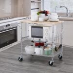 Finnhomy 3-Tier Rolling Kitchen Cart With 18" D x 30" W Oak Wood Tabletop, Kitchen Island With 4" Wheels and Slider Shelf, Microwave & Coffee Cart With Hooks for Dining Room, Chrome - Image 5
