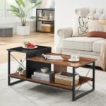 VECELO Wood 2-Tier Black Coffee Table with Storage Shelf for Living Room/Office Reception, Metal Frame & Wooden Tabletop, Modern Design, Brown - Image 2
