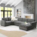 Merax Modern U-Shaped Cloud Couch Set with Oversized Chaise Lounge, Chenille 6-Seat Sectional Sofa Sleeper Bed with Cup Holders for Living Room Dark Gray - Image 4