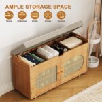 Rattan Shoe Storage Bench, 35.4" Bamboo Entryway Bench, 2-Tier Shoe Rack with 2 Doors & Padded Seat Cushion for Entryway, Living Room, Bedroom - Image 4