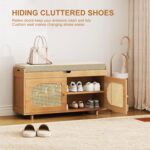 Rattan Shoe Storage Bench, 35.4" Bamboo Entryway Bench, 2-Tier Shoe Rack with 2 Doors & Padded Seat Cushion for Entryway, Living Room, Bedroom - Image 5