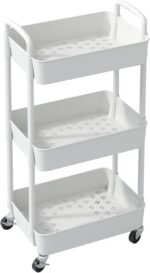 Sywhitta 3-Tier Plastic Rolling Utility Cart with Handle, Multi-Functional Storage Trolley for Office, Living Room, Kitchen, Movable Storage Organizer with Wheels, White - Image 9