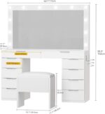 DWVO 46'' Glass Top Makeup Vanity with 10 Drawers, Vanity Desk Set with Large LED Mirror, Built-in Charging Station & Cushioned Storage Chair, Dressing Table with 3-Color Light Modes, Cream White - Image 7