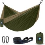 Hammock Camping, Portable Single/Double Hammocks for Outdoor Hiking Travel Backpacking - 210D Nylon Hammock Swing for Backyard & Garden (Green/Khaki) - Image 2