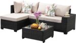 Jing's Villa 5-Piece Patio Furniture Set, All-Weather Outdoor Wicker Sectional Sofa with Cushions, Tempered Glass Table & Ottoman, Rattan Conversation Seating for Porch, Garden, Backyard,Beige - Image 10