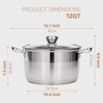 Ohtomber Stainless Steel Stock Pot - 12 Quart Large Cooking Pot with Lid for Pasta, Soup, Spaghetti, Nonstick Thick Base Deep Stockpot, Kitchen Cookware for Stew, Simmer, Boiling, Canning - Image 3