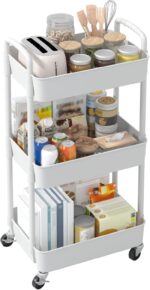 Sywhitta 3-Tier Plastic Rolling Utility Cart with Handle, Multi-Functional Storage Trolley for Office, Living Room, Kitchen, Movable Storage Organizer with Wheels, White - Image 10