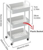Sywhitta 3-Tier Plastic Rolling Utility Cart with Handle, Multi-Functional Storage Trolley for Office, Living Room, Kitchen, Movable Storage Organizer with Wheels, White - Image 3