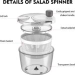 Ourokhome Salad Spinner Lettuce Dryer, Hand-crank Rotary Vegetable Dryer Veggie Washer with Transparent Bowl and Colander for Greens, Herb, Berry, Fruits, Macaroni, 2.8 QT, White - Image 5