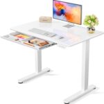 Marsail Glass Electric Standing Desk with Drawer, 40 x 24 Inches Height-Adjustable Desk, One-Piece Tempered Glass Top, Ergonomic Home Office Sit Stand Desk with 4 Preset Heights, White - Image 2