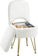 GREENSTELL Small Vanity Stool Chair with Storage and Folding Back, 13.4" x 15" x 30" Square Faux Fur Soft Ottoman, 4 Metal Legs with Anti-Slip Feet, Furry Padded Seat for Makeup, Bedroom, White - Image 2