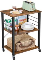 VASAGLE Kitchen Shelf on Wheels, 23.6 Inches Serving Cart with 3 Shelves, Kitchen Cart, Microwave Shelf, for Mini Oven, Toaster, with 6 Hooks, Industrial Style, Rustic Brown and Ink Black UKKS60XV1 - Image 2