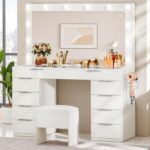DWVO 46'' Glass Top Makeup Vanity with 10 Drawers, Vanity Desk Set with Large LED Mirror, Built-in Charging Station & Cushioned Storage Chair, Dressing Table with 3-Color Light Modes, Cream White - Image 2