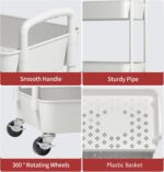 Sywhitta 3-Tier Plastic Rolling Utility Cart with Handle, Multi-Functional Storage Trolley for Office, Living Room, Kitchen, Movable Storage Organizer with Wheels, White - Image 7