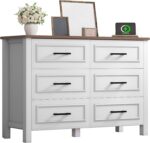 YITAHOME 6-Drawer Dresser with Built-in Power Outlet, Wood TV Stand with 6 Large Drawers & Bar Handles, Dresser Chest of Drawers for Entryway Living Room Hallway, White & Walnut - Image 2
