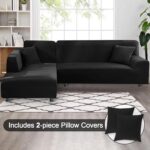 Sectional Couch Covers 2-Piece Softness L Shaped Sofa Cover Super Stretch L-Type Couch Slipcover with 2Pcs Pillowcases Sofa Slipcover 3 Seater + 3 Seater Furniture Protector (Black) - Image 8