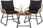 Yaheetech 3 Piece Patio Bistro Set Outdoor Wicker Bistro Furniture Sets, 2 Rattan Chairs and Glass Top Table for Patio, Balcony, Porch, Poolside, Backyard 3 PCS/Tan/Black - Image 2