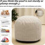 Round Stuffed Pouf Ottoman for Foot Rest, Storage Ottoman Pouf Foot Stool Cushion, Faux Fur Poufs with Foam Chunk Filling, 26 X 18 Inch Floor Chair for Living Room Bedroom Home Decor, Beige - Image 5
