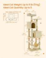 Feandrea Cat Tree, 59.5-Inch Tall Cat Tower, Plush Multi-Level Condo with 5 Scratching Posts, 2 Perches, 2 Caves, Hammock, 2 Pompoms, Beige UPCT192M01 - Image 6