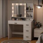 YESHOMY Vanity Desk with Mirror, Power Outlet and 10 Lights, Makeup Table with 4 Drawers, 3 Color Modes Available for Bedroom, White - Image 4