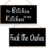 Jetec 2 Pieces Funny Kitchen Signs the Dishes Hanging Wall Art Decoration No Bitchin in My Kitchen Rustic Wooden Wall Signs Decorative Wood Home Decor, 10 x 5 Inch(Stylish) - Image 2
