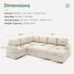 HONBAY Sectional Couch with Pull Out Bed, Sectional Sleeper Sofa with Storage, U Shape Couches for Living Room, Velvet Beige - Image 3