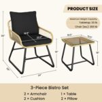 Yaheetech 3 Piece Patio Bistro Set Outdoor Wicker Bistro Furniture Sets, 2 Rattan Chairs and Glass Top Table for Patio, Balcony, Porch, Poolside, Backyard 3 PCS/Tan/Black - Image 7