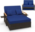 LDAILY Moccha Outdoor Wicker Daybed, Patio Rattan Loveseat Sofa w/ 4-Level Adjustable Backrest, Folding Panels, Storage Ottoman & Cushions, Lounge Furniture Set for Poolside Backyard Porch (Navy) - Image 2