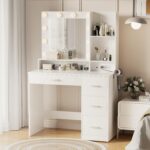 YESHOMY Vanity Desk with Mirror, Power Outlet and 10 Lights, Makeup Table with 4 Drawers, 3 Color Modes Available for Bedroom, White - Image 2
