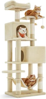 Feandrea Cat Tree, 59.5-Inch Tall Cat Tower, Plush Multi-Level Condo with 5 Scratching Posts, 2 Perches, 2 Caves, Hammock, 2 Pompoms, Beige UPCT192M01 - Image 2