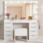DWVO 46'' Glass Top Makeup Vanity with 10 Drawers, Vanity Desk Set with Large LED Mirror, Built-in Charging Station & Cushioned Storage Chair, Dressing Table with 3-Color Light Modes, Cream White - Image 3