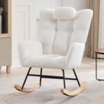 Nursery Rocking Chair,300lb Glider Chair with Wood Legs/Two Side Pockets,Teddy Upholstered Glider Rocker with Padded Seat High Backrest for Living Room/Bedroom/Nursery - Image 2